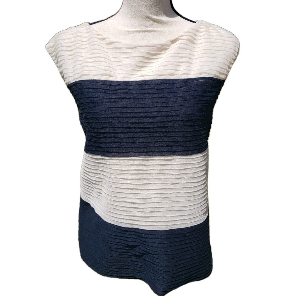Ann Taylor Blouse Sz Med Petit Blue/Cream Pleated Crepe Stripes Shirt Top Womens